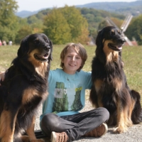 Kinder- und Jugendhilfe: Ein lächelnder Junge sitzt zwischen zwei Hunden Kinder- und Jugendhilfe: Ein lächelnder Junge sitzt zwischen zwei Hunden