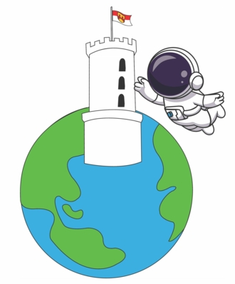 Logo Projekt BiSi - Beschäftigung im Sozialraum inklusiv Das Logo des Projekts BiSi zeigt eine Erdkugel mit Astronaut und der Sparrenburg von Bielefeld